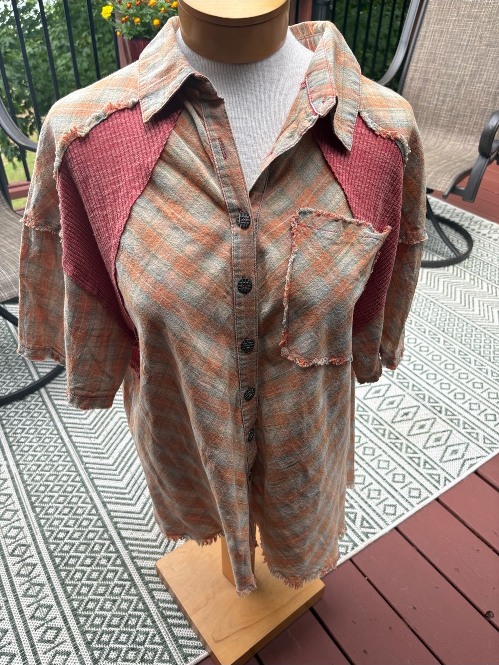 POL Orange and Pink Plaid Button-Down Shirt